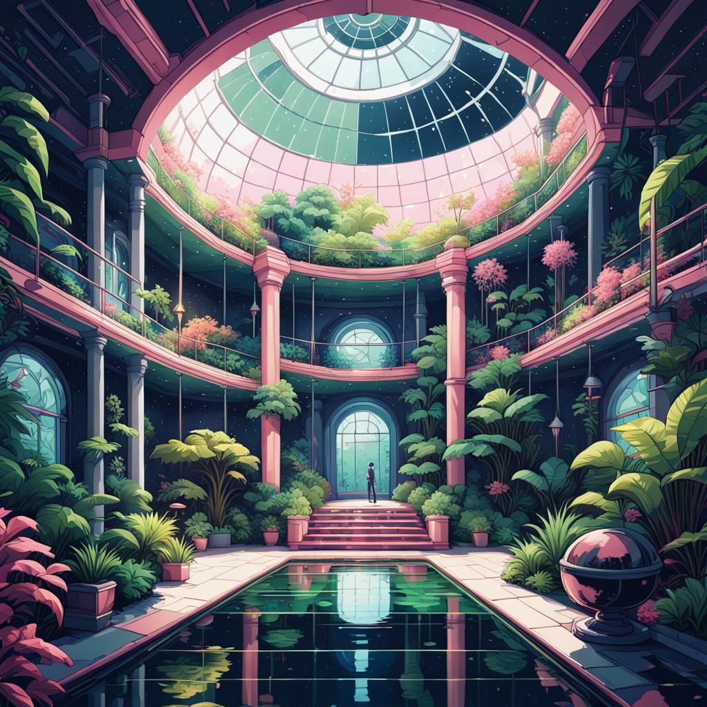 Lush Botanical Garden in Space Station: Pixel Art