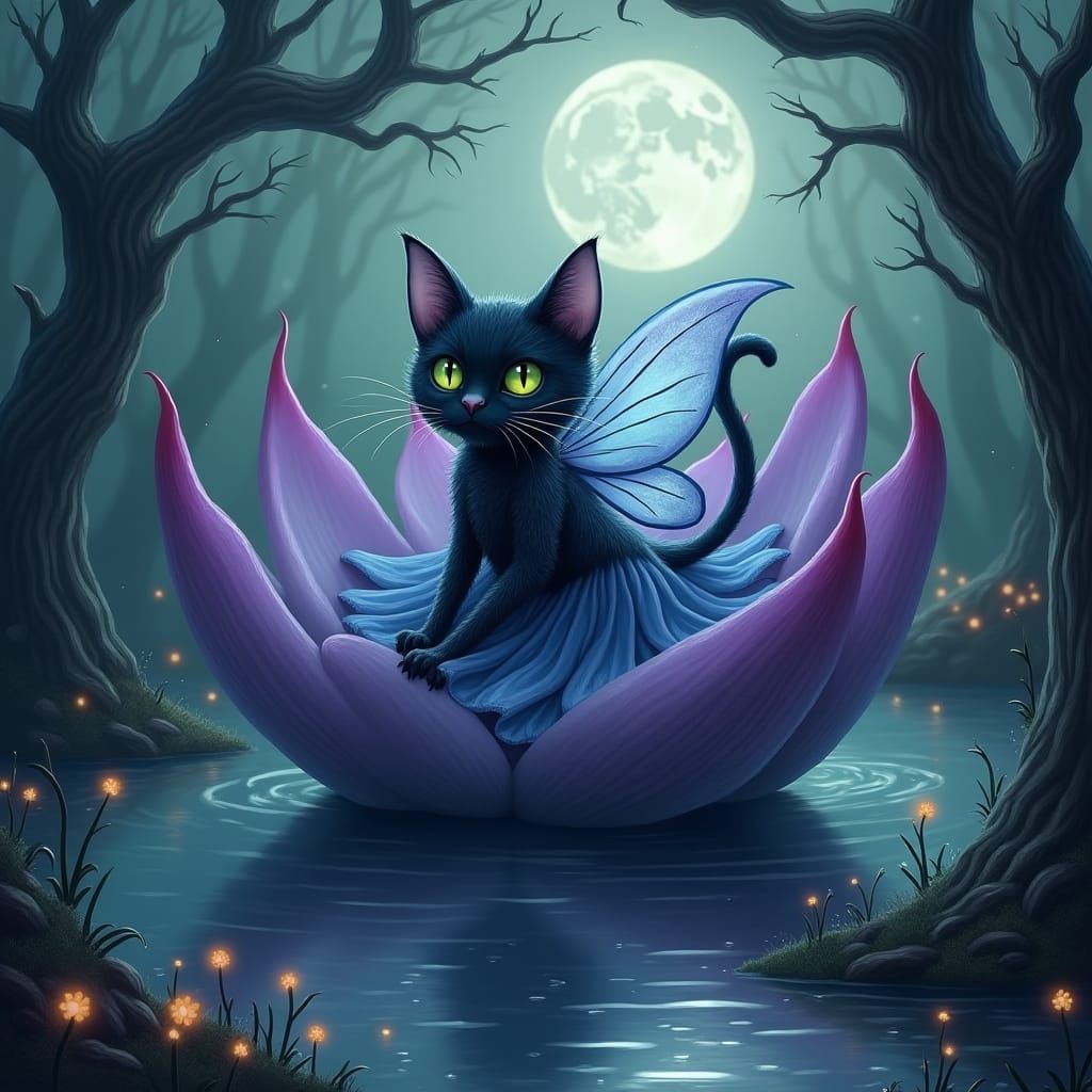 Fairy Cat on Flower Boat in Fantasy World