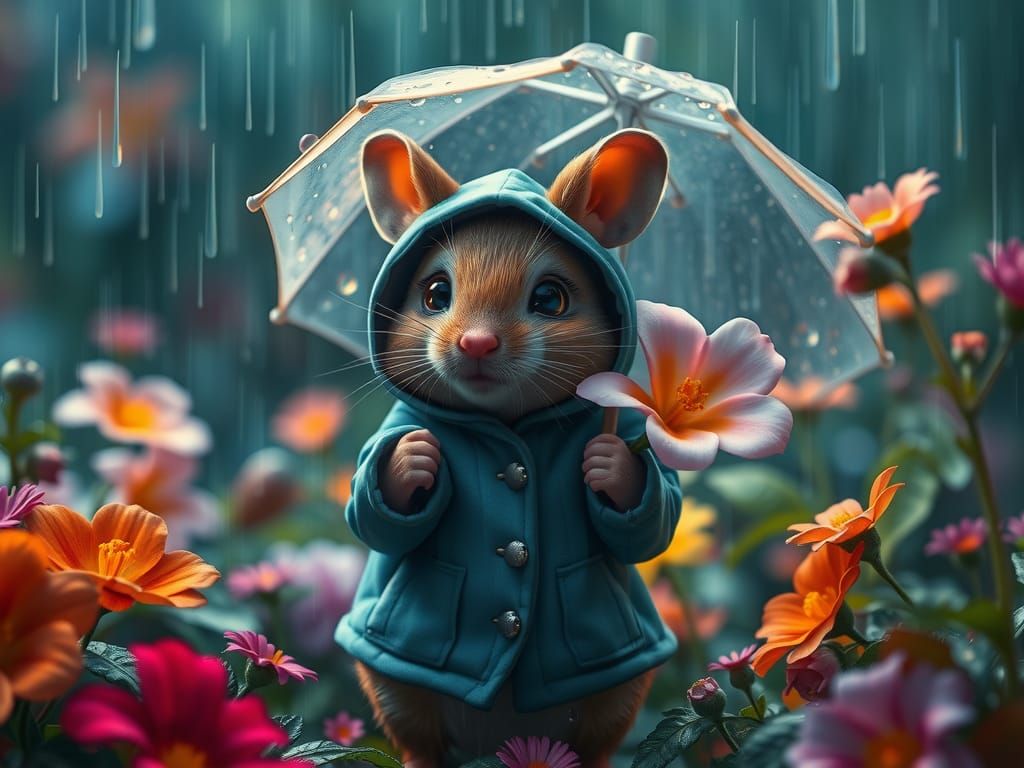 a cute mouse with a flower as an umbrella in the garden in t...