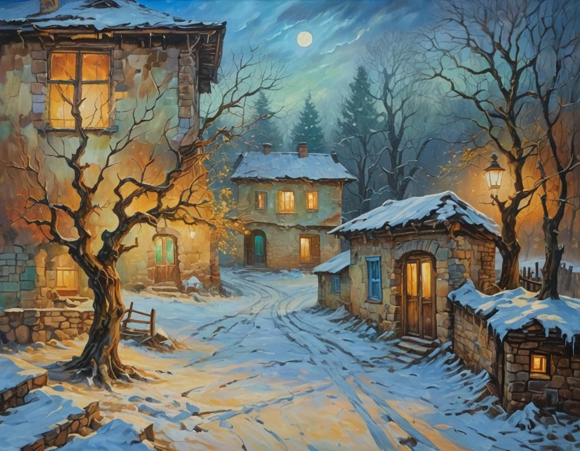 Surreal Winter Night: Melting House in Oil Painting Style