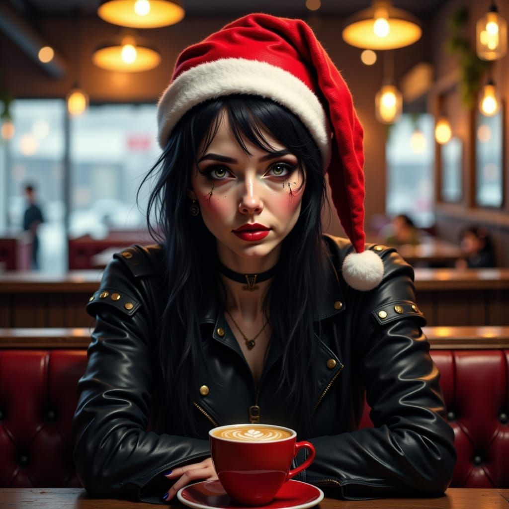 Punk Rock Santa Girl in Coffee Shop Portrait
