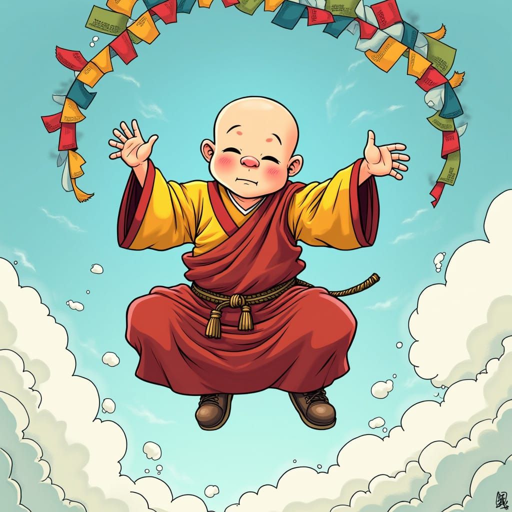 Whimsical Tibetan Monk Levitates in Humorous Cartoon Style