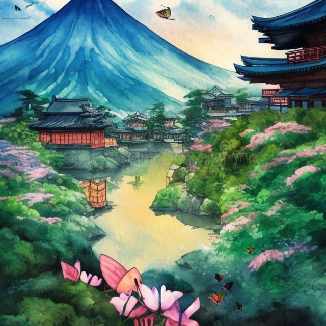 Magical Japanese Village Watercolor Illustration