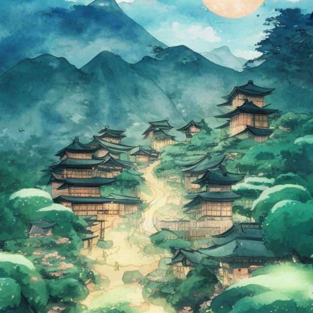 Magical Japanese Village Watercolor Illustration