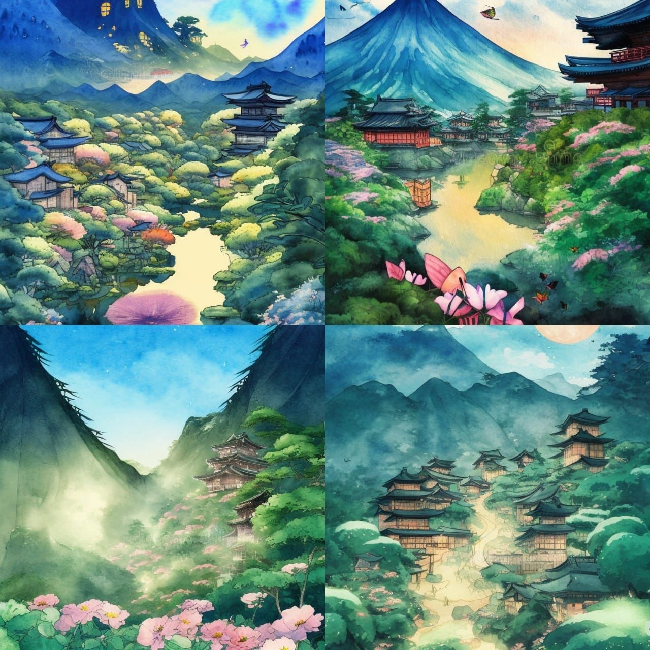 Magical Japanese Village Watercolor Illustration