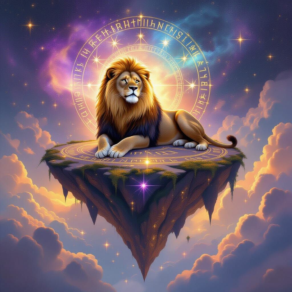Starlight Lion on Floating Island with Nebula