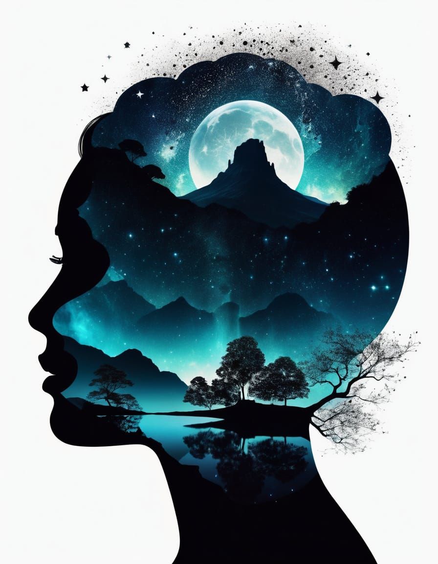 Surreal Woman Head with Galactic Waterfall Landscape