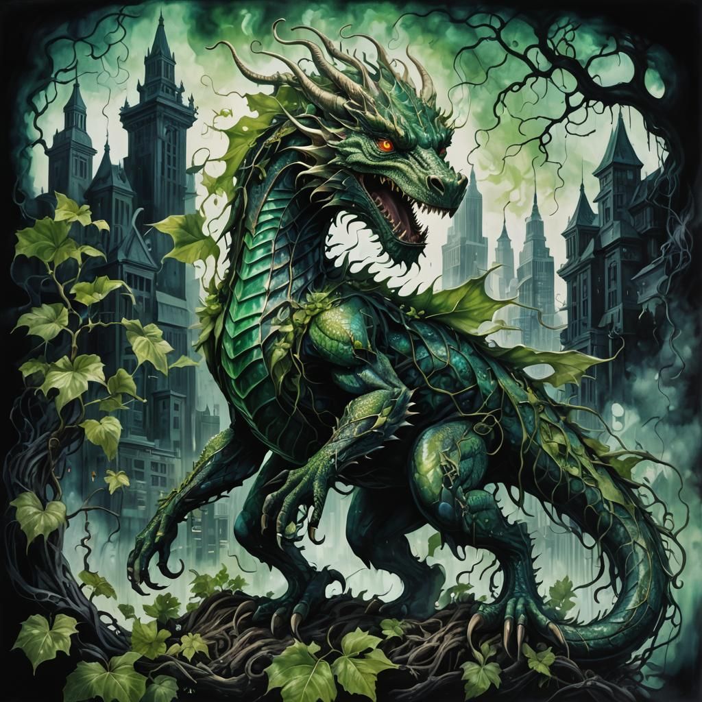 Emerald Dragon Double Exposure: Surreal Cityscape Fantasy