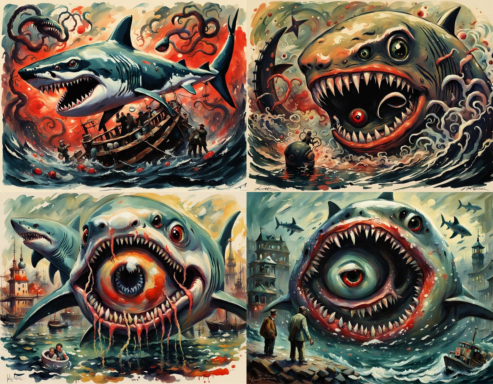 Bizarre Shark Eyeball Mutant Horror, Early 20th Century Styl...