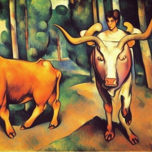 Bull Meets Vampire: An Oil Painting in Avant-Garde Style