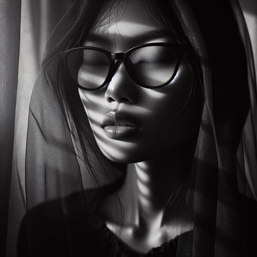Photorealistic Portrait of a Blind Woman in Shadow and Light