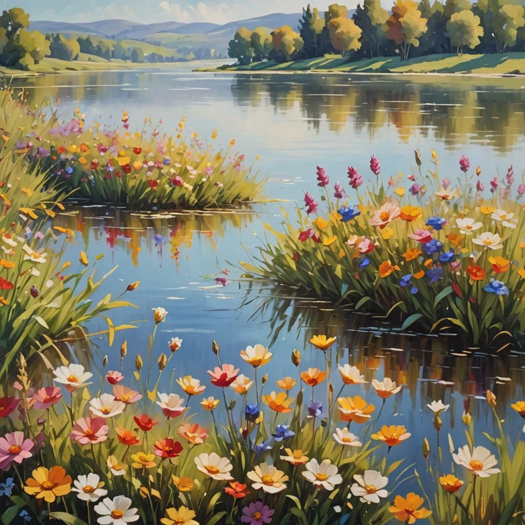 Impressionist Flowers Bloom Near Lake in Sunlight