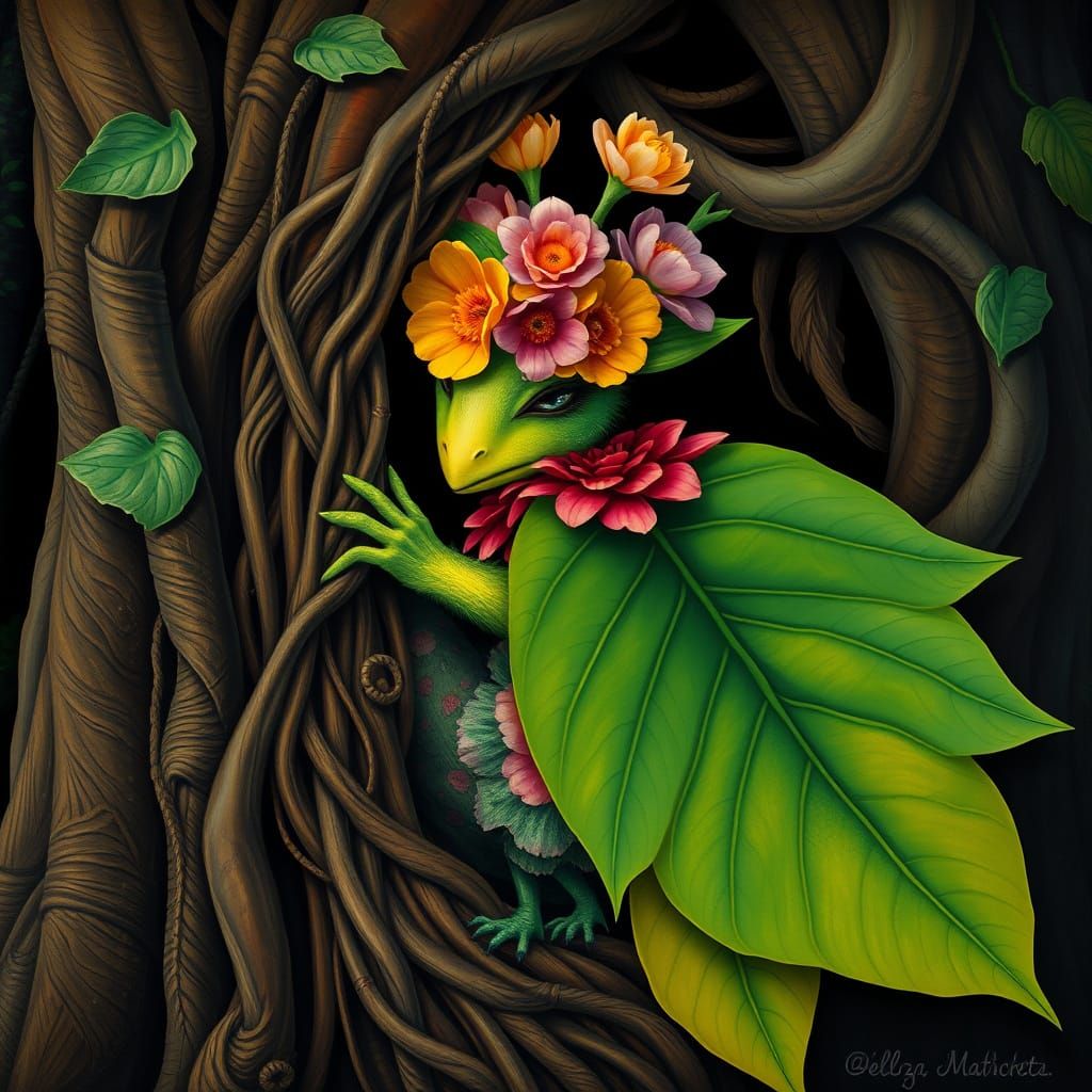 Floral Creature Hiding in Tree Trunk, Naive Folkloric Style