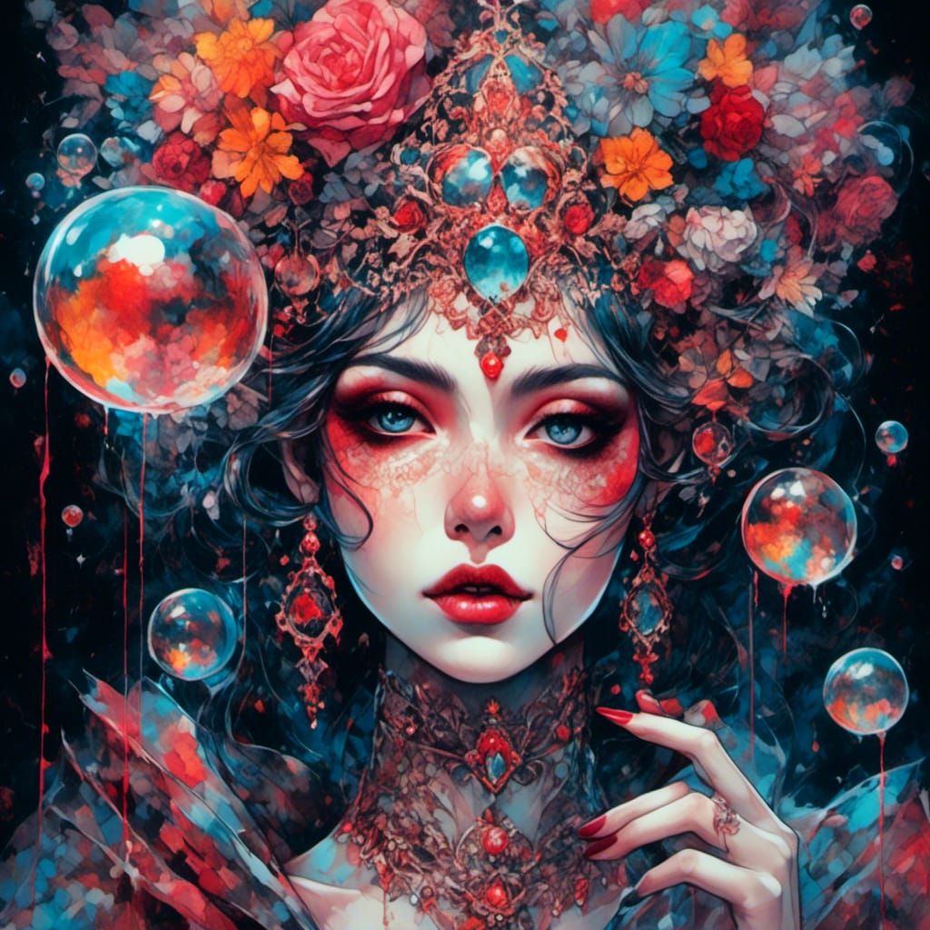 Woman in Ballgown with Bubble, Hand-Drawn Style