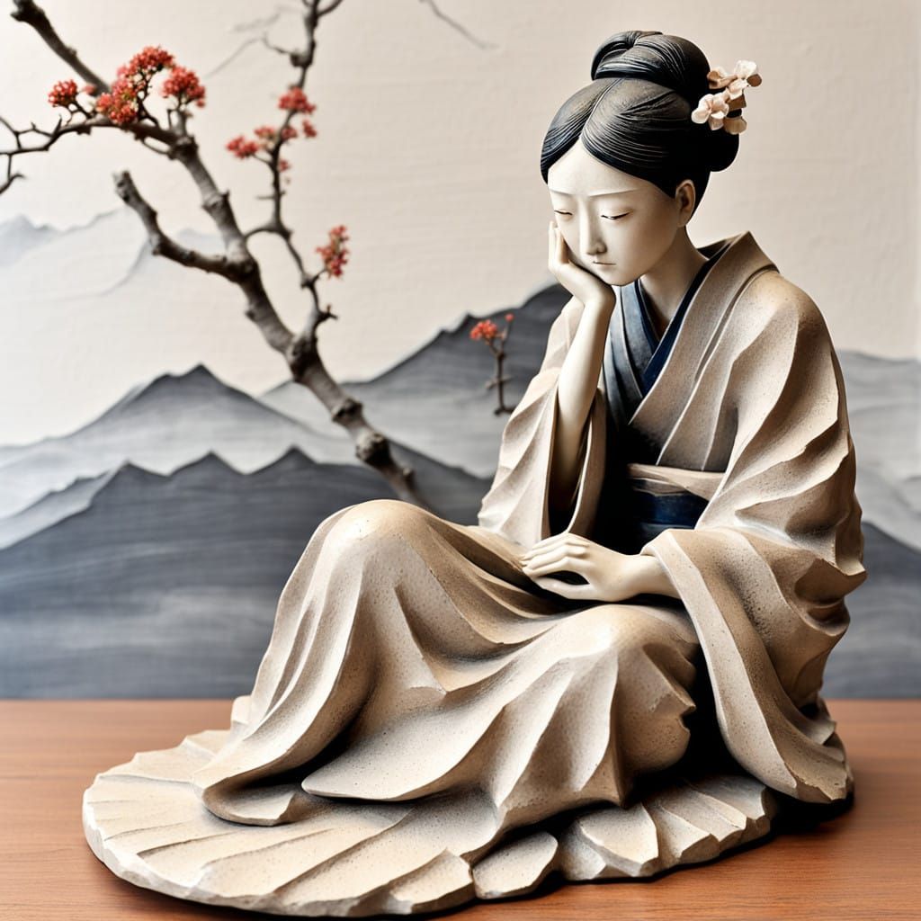 A Serene Woman in Wabi-Sabi Style