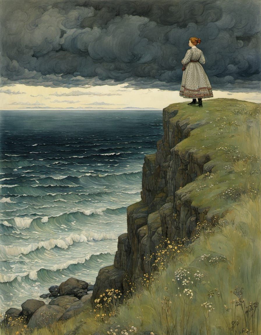 Girl Contemplates the Stormy Sea in Evening Light