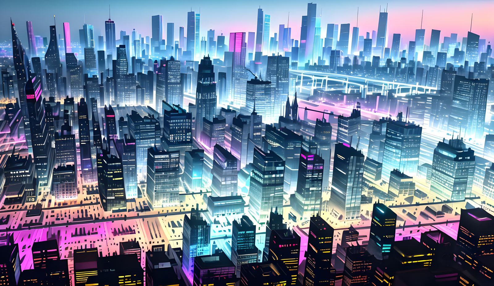 Futuristic Cityscape with Rainbows in Pixel Art Style