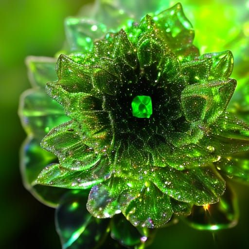 Iridescent Moldavite Rose with Dew, Hyperrealistic HDR