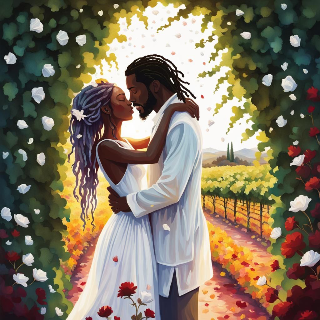 Romantic Embrace in Vineyard: Hyperrealistic Splash Art