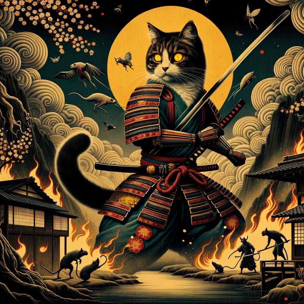 Samurai Cat Defends Village from Zombie Rats in Ukiyo-e Styl...