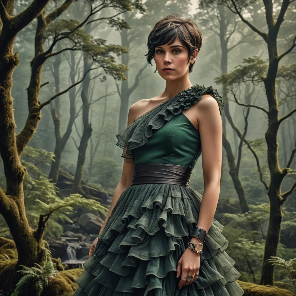 Woman in Mountain Dress in Ballroom, Hyperrealistic