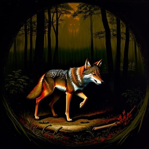 Red Wolf Disappearing: 16th Century Oil Painting