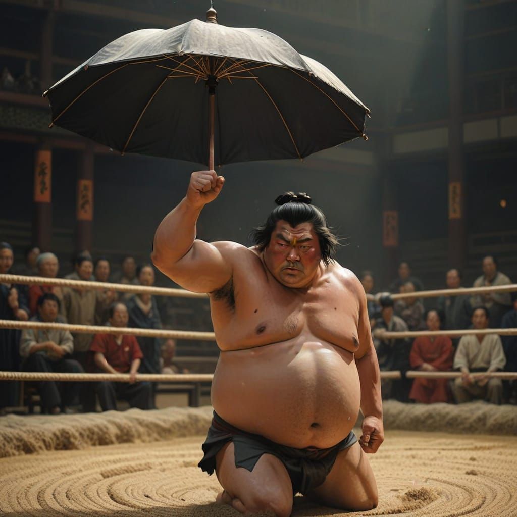 Sumo Wrestler Charges Forward in a Vibrant Arena