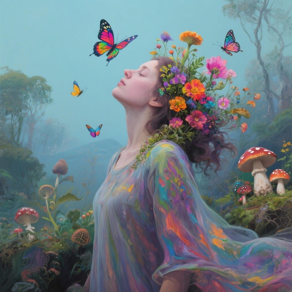 Surreal Woman with Blossoming Flowers and Butterflies