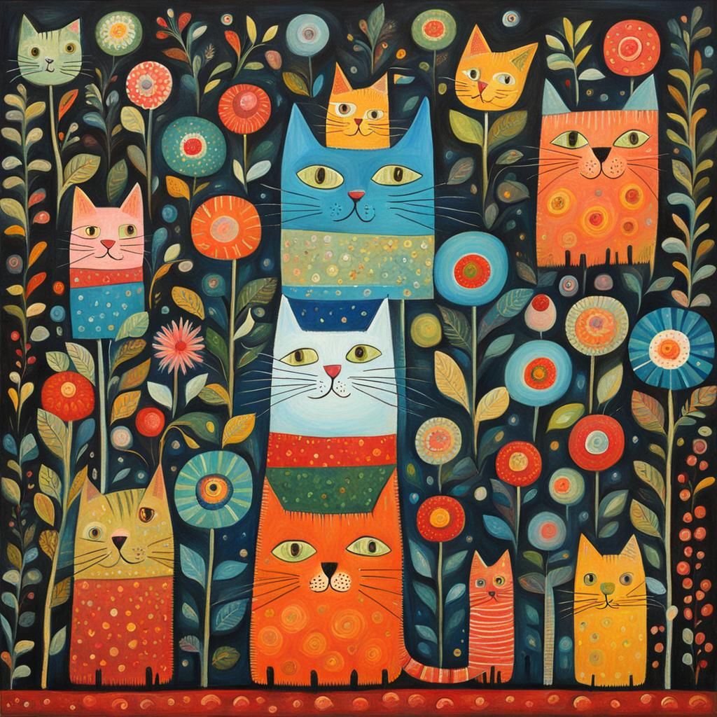 Whimsical Cat in Naive Art Style