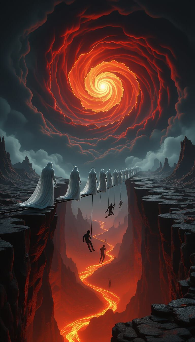 Fantastical Hellscape with Ethereal Figures in 3D Render