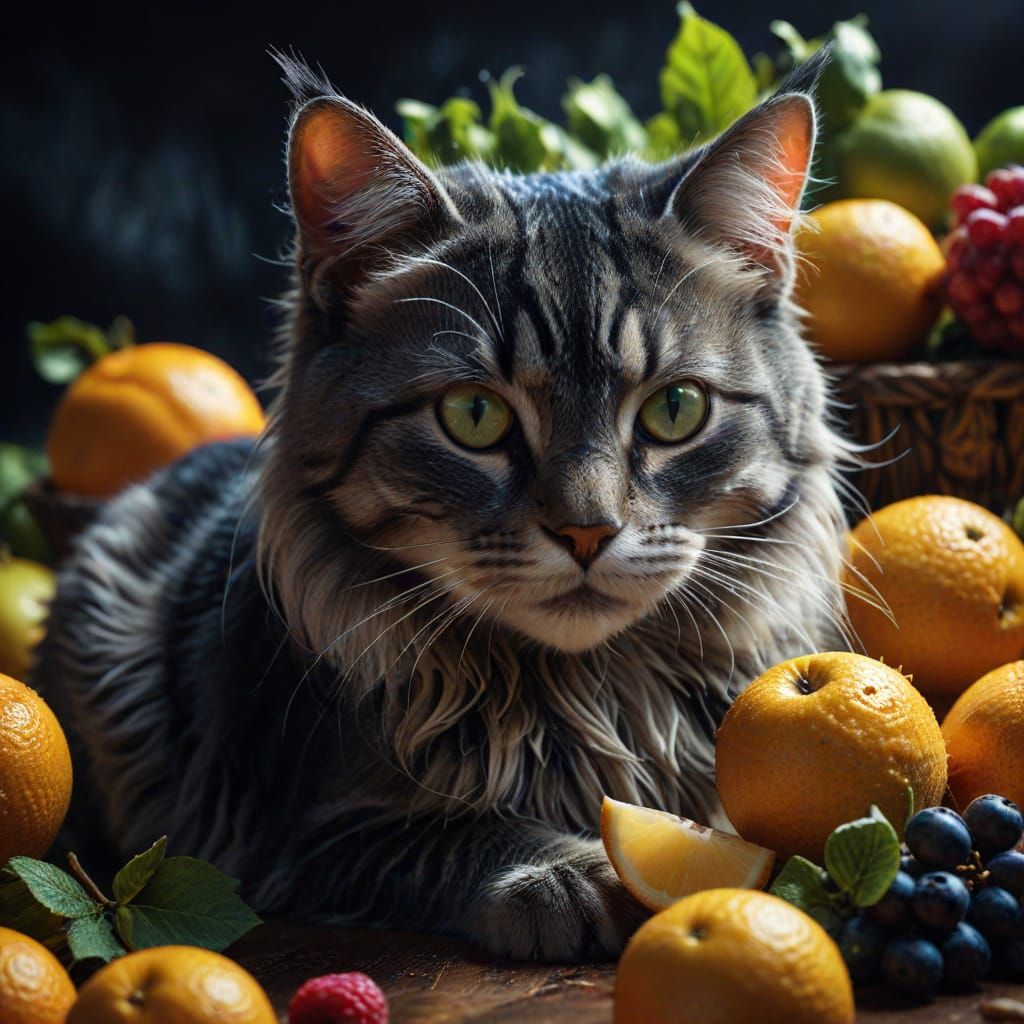 Hyperrealistic Cat Portraits in Vibrant Fruit Settings