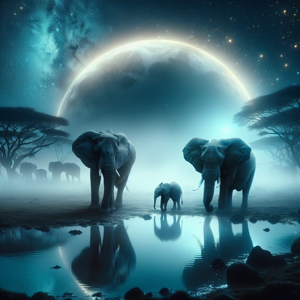 Tranquil Midnight Savannah Scene with Elephants and Glowing ...