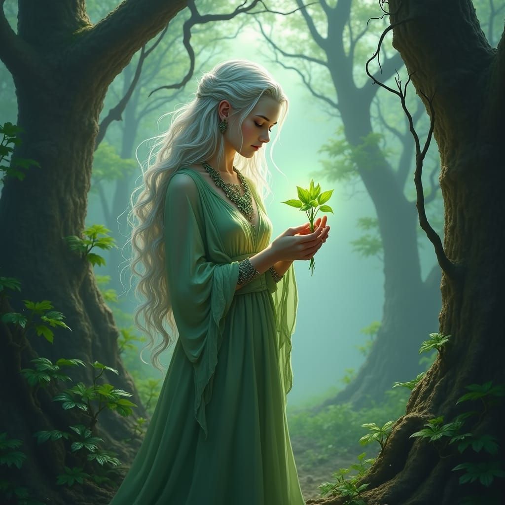 Ethereal Aasimar Druid in Mystical Forest