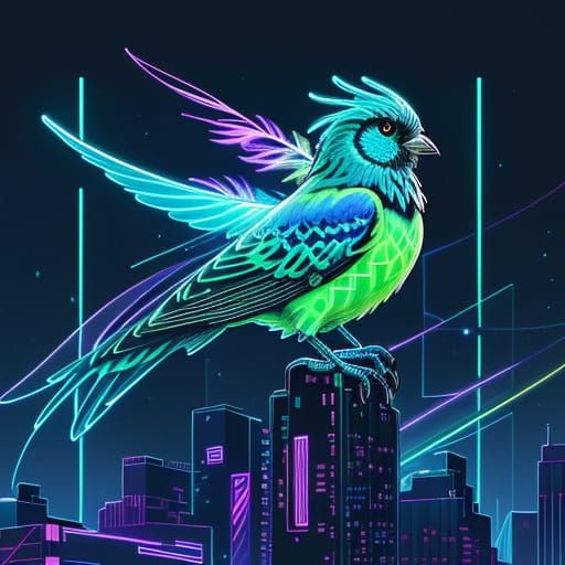 Bioluminescent Birds in Neon Futuristic Cityscape