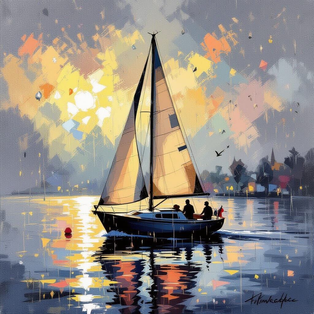 Sailboat Silhouette Prism Raindrops: Charcoal Drawing