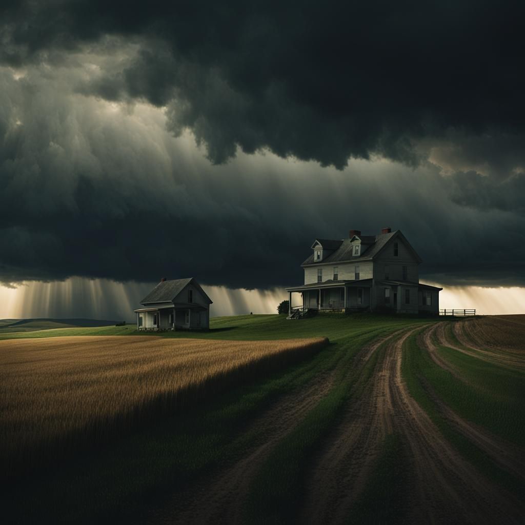 Surreal Farmhouse in Iowa Stormy Landscape
