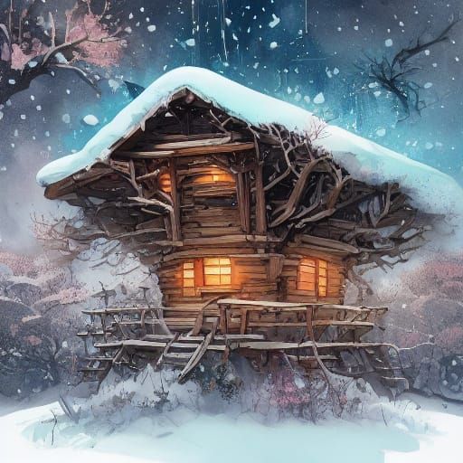 Snowy Hill and Majestic Tree in Fantasy Landscape