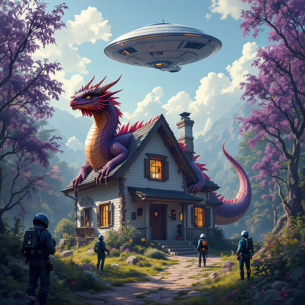Dragon in Chicken House with Flying Saucer
