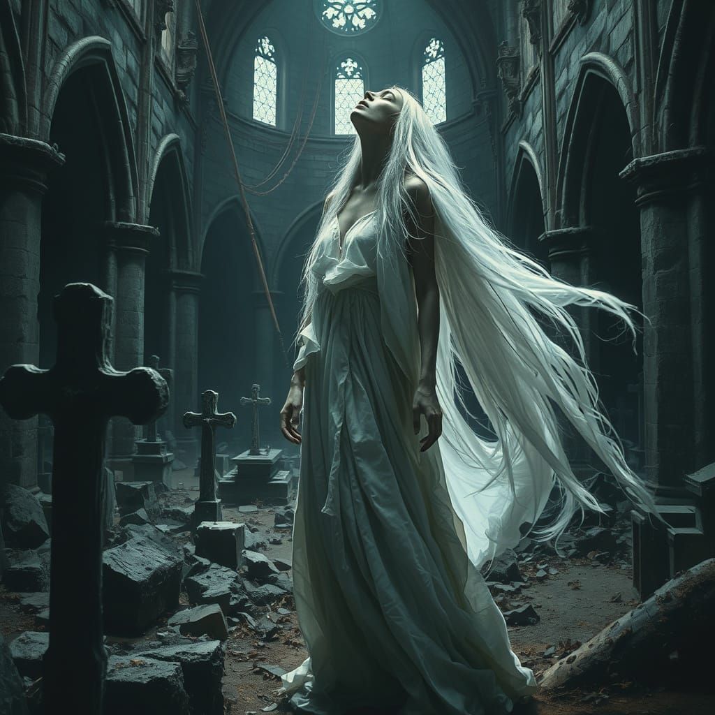 Ghostly Figure in Ruined Cathedral, Gothic Horror