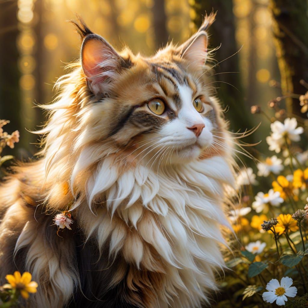 Ethereal Norwegian Forest Cat in Vibrant Floral Fantasy