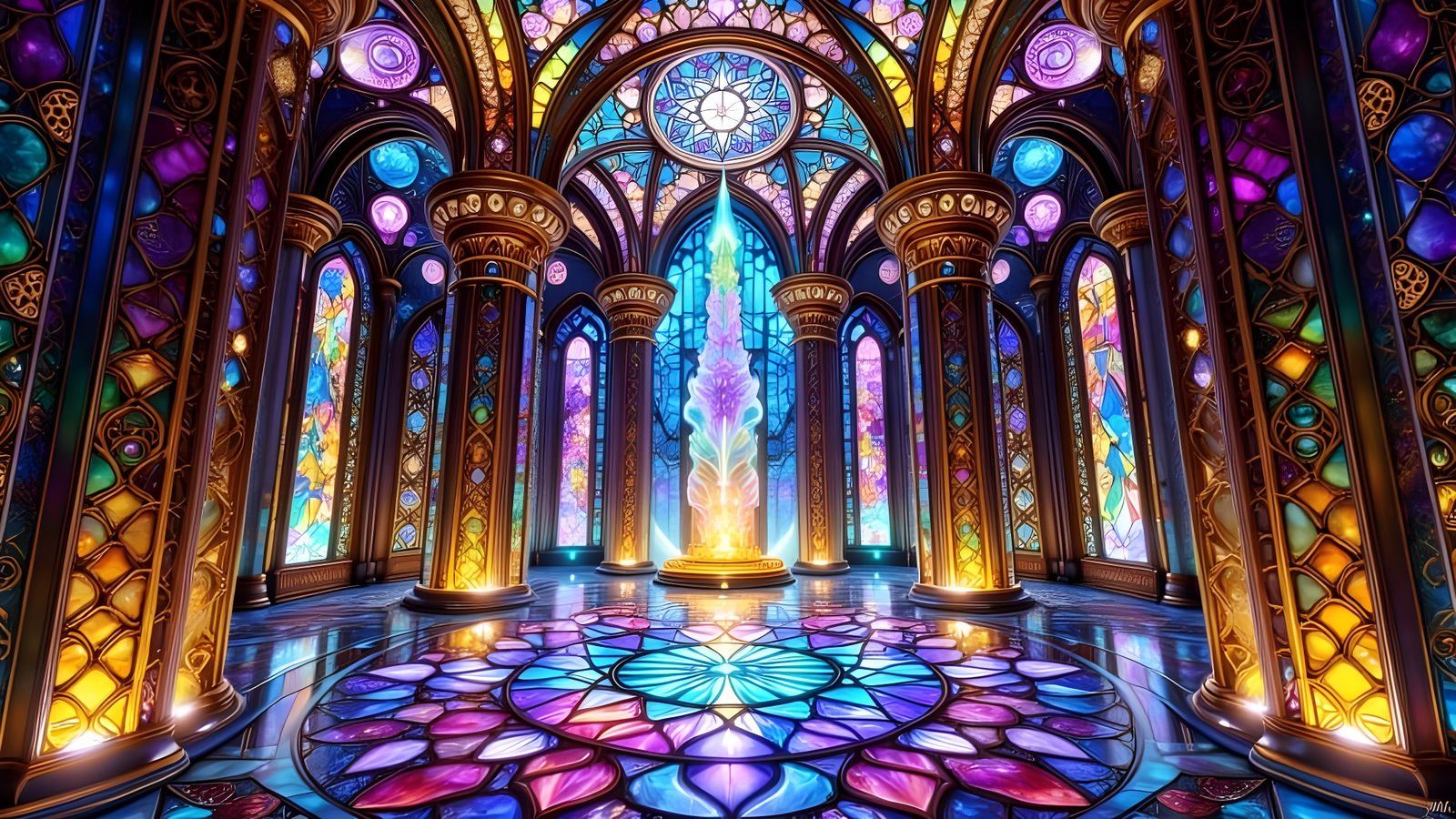 Stained Glass Fractal Sanctuary with Iridescent Light
