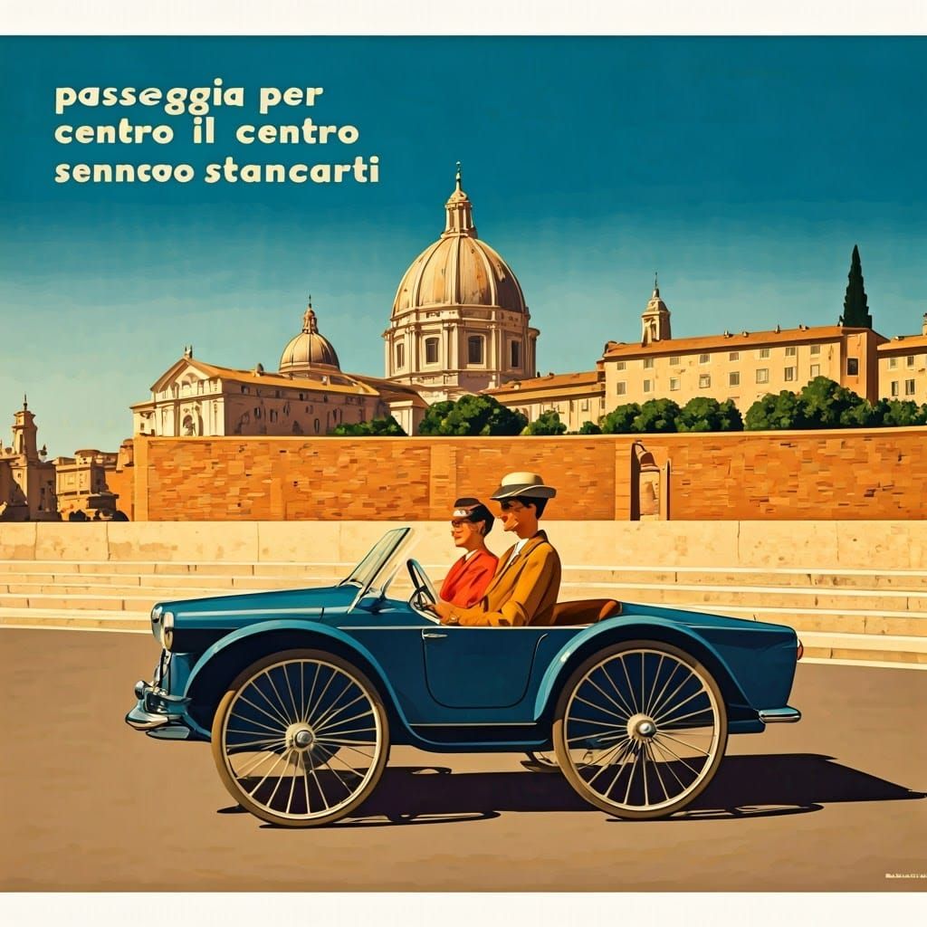 a vintage poster from the 50s depicting a couple in a "santler dogcart" driving around Rome with the Dome and the words ...