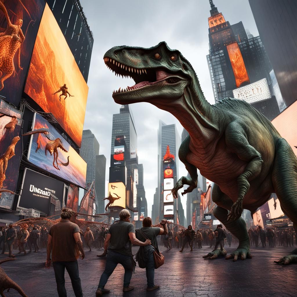 Dinosaur Eats People in Times Square: Detailed Matte Paintin...