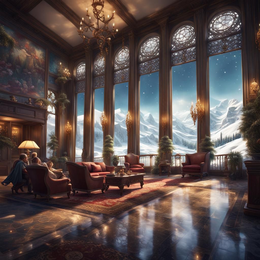 Hotel Lobby Overlooking Snowy Winter Landscape