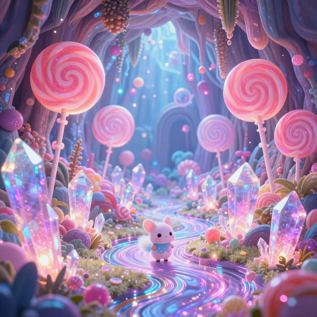 Magical Creature Explores Crystal Lollipop Cave in Pastel Ne...