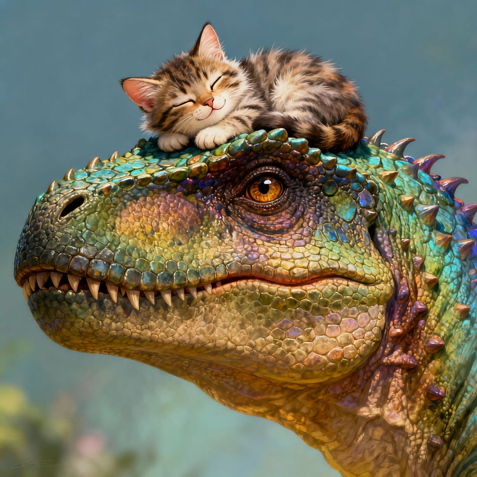 Kitten Sleeping on T-Rex Head, Fantasy Art Style