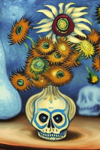 Skulls in Vase as Post-Impressionist Digital Art