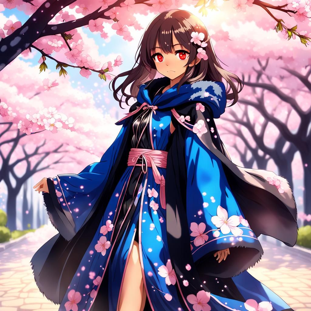 Anime Woman in Gown Under Cherry Blossom Tree