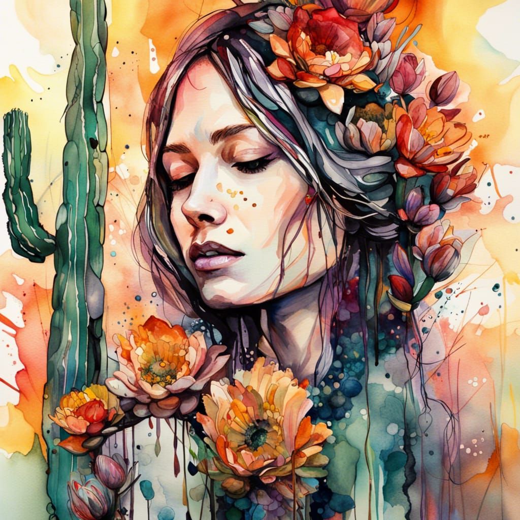 Desert Sunset Bloom in Impressionistic Watercolor Style