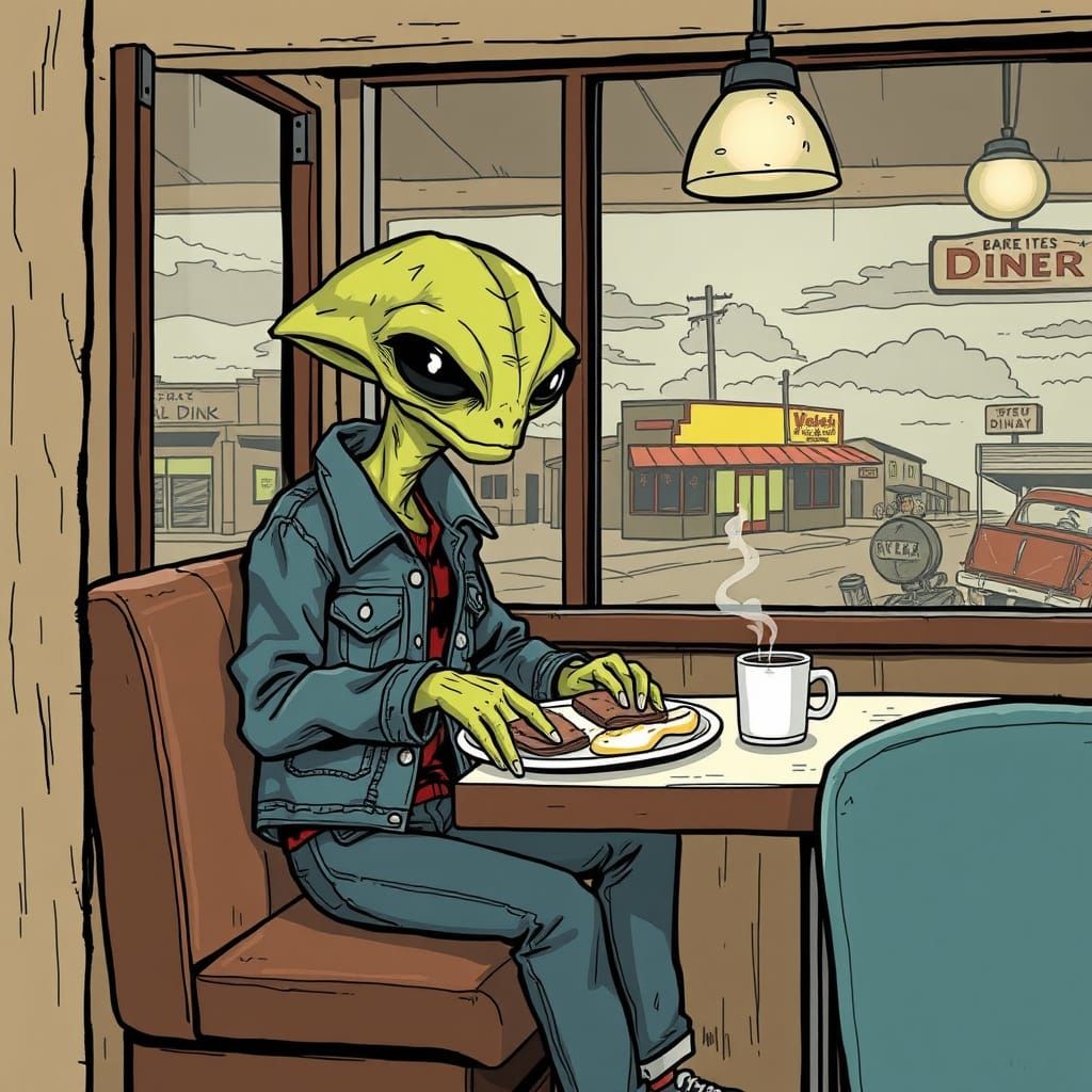 Alien Eats Breakfast in Gritty Cartoon Style
